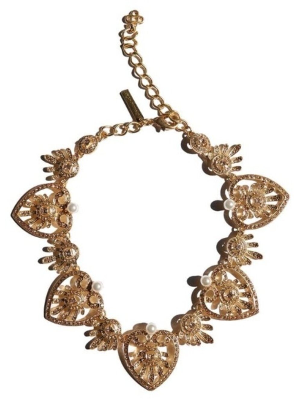 Oscar de la Renta gold heart pink crystal pearl chain choker necklace